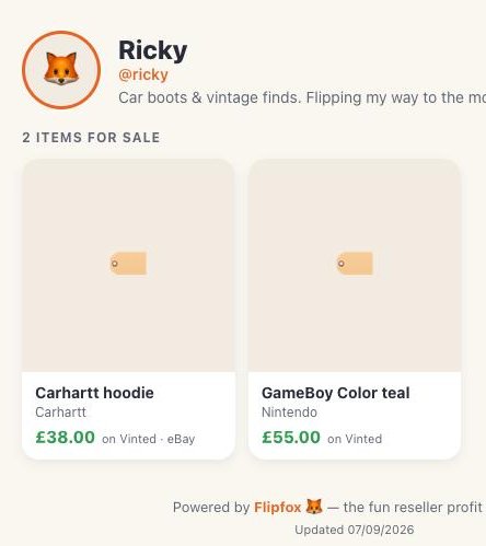 A published shop page: the reseller's handle, their chosen stock, and nothing else.