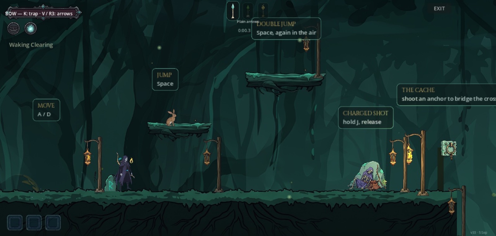 The Waking Clearing: floating hint signs teach move, jump, double jump and the charged shot. A rabbit watches from the ledge.
