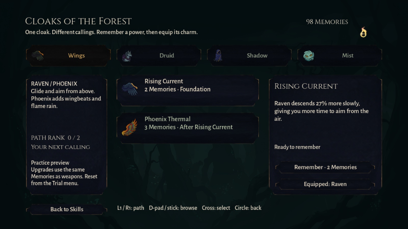 The Cloaks of the Forest screen in the practice build: Wings, Druid, Shadow and Mist paths, each with their own Memory upgrades.