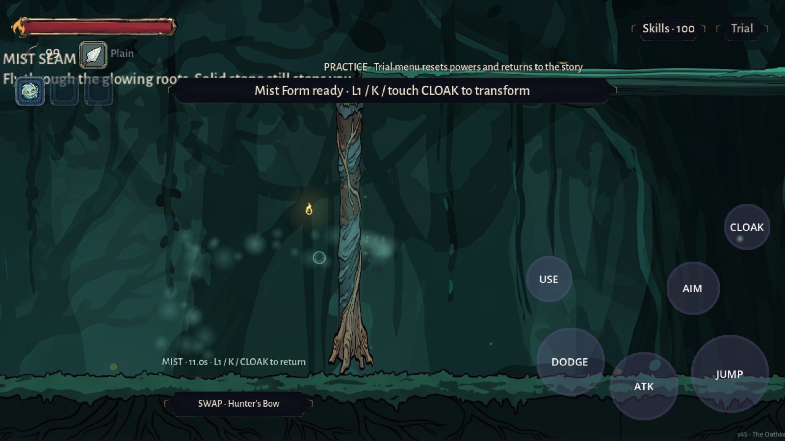 Mist Form drifting through a glowing root seam. Solid terrain and boss gates still block it.