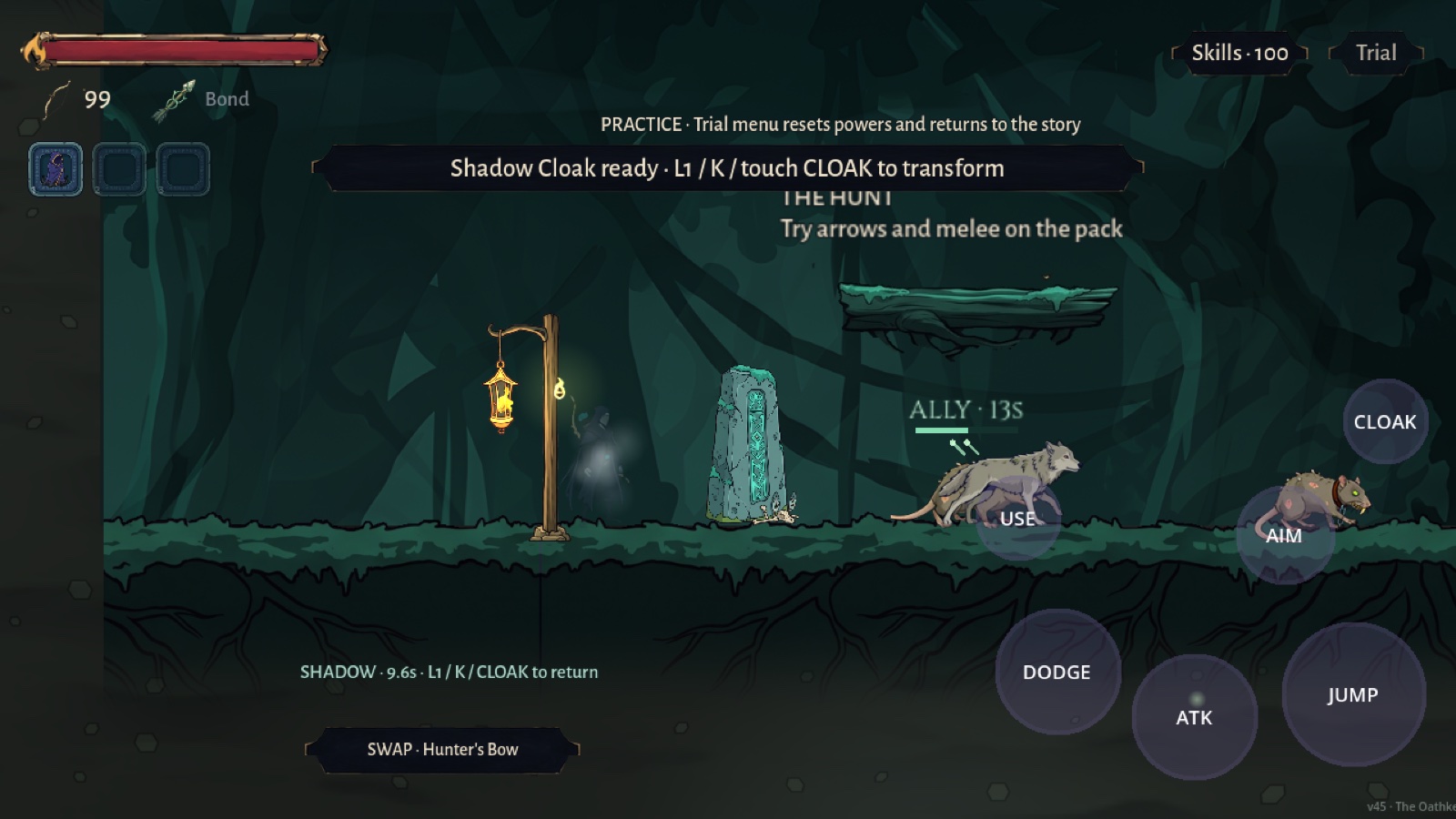 Shadow Cloak active: the Hunter fades beside the lantern while a Bond arrow keeps the wolf on his side.